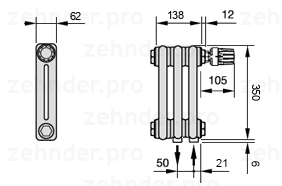 Схема (чертеж) Радиатор Zehnder Charleston 2035/3 №V002 Белый глянцевый RAL 9016